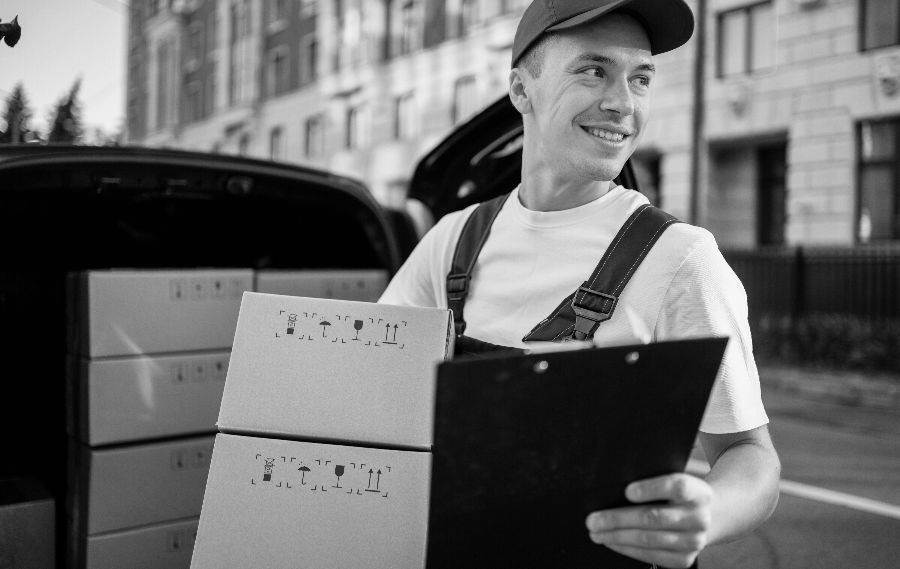 Courier looking around the london street while holding few parcels and the signature board.